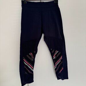 Kyodan XS Navy Blue Cropped Leggings Mesh Panel Neon Stripe Athletic EUC